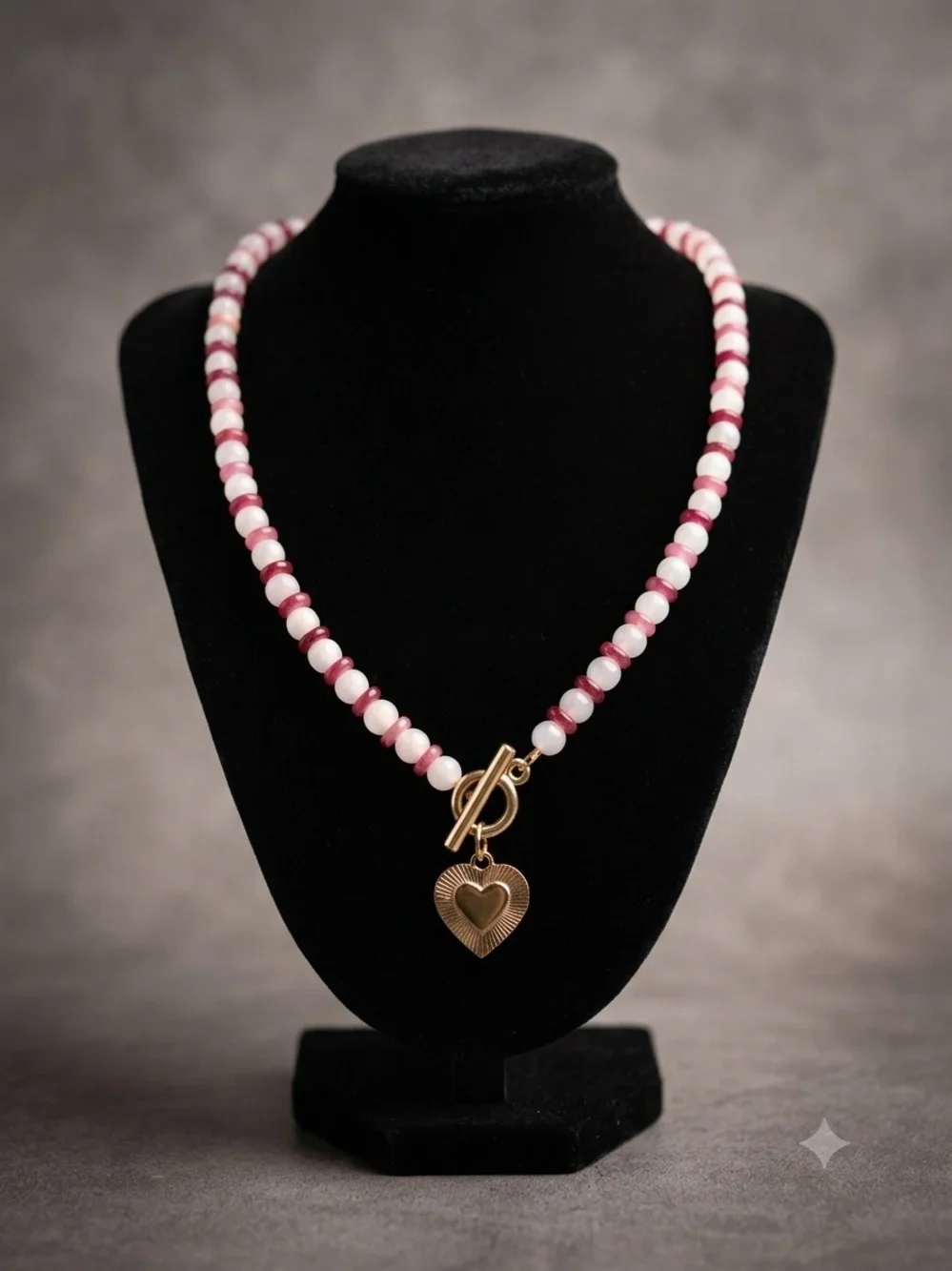 Gold Heart Pendant Pink and White Beaded Necklace
